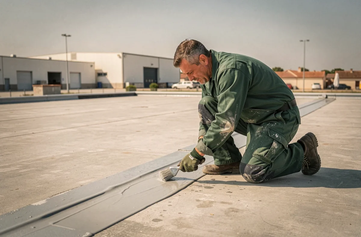 Spécialiste de l'entreprise ABC Etanchéité appliquant un revêtement imperméable sur la toiture plate d'un bâtiment commercial dans une zone industrielle près de Marseille