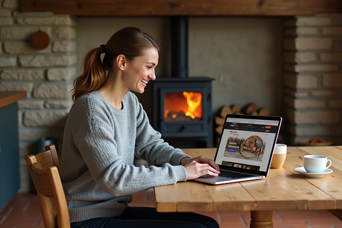 Femme comparant les prix de stères de bois en ligne sur un ordinateur portable dans une cuisine de ferme