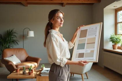 Femme décoratrice tenant un tableau d'ambiance dans un salon chaleureux aux poutres en bois, planifiant l'aménagement de sa maison