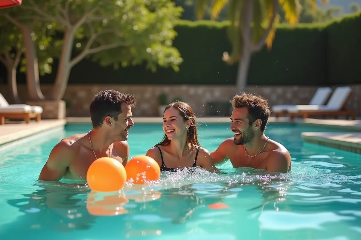 Jeunes amis jouant dans la piscine en plein air