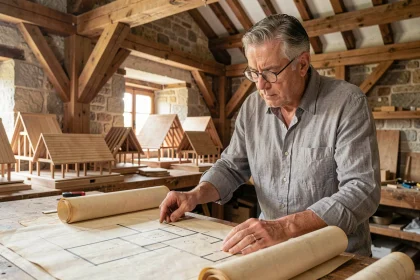 Architecte examinant des plans de charpente traditionnelle dans un atelier en bois avec poutres apparentes