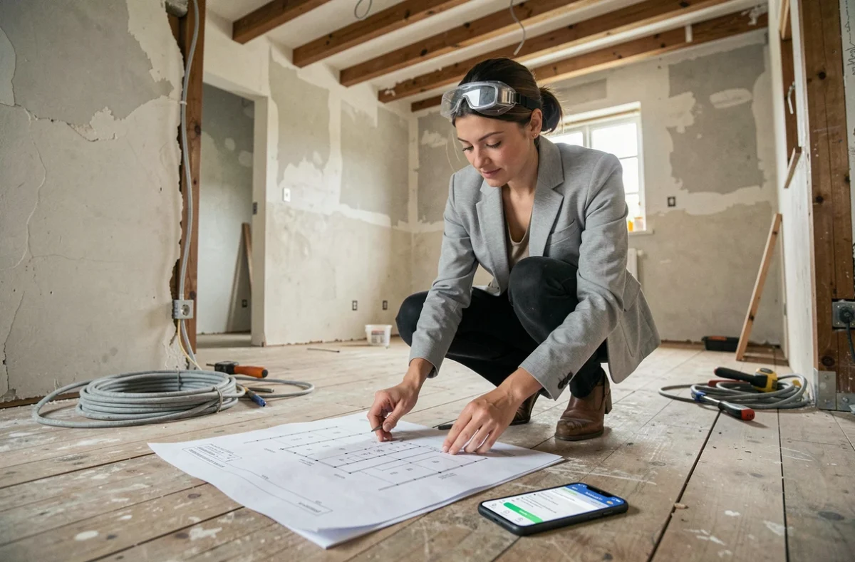 Architecte consultant des plans et un tableau de bord numérique de suivi de chantier dans une maison en rénovation intérieure