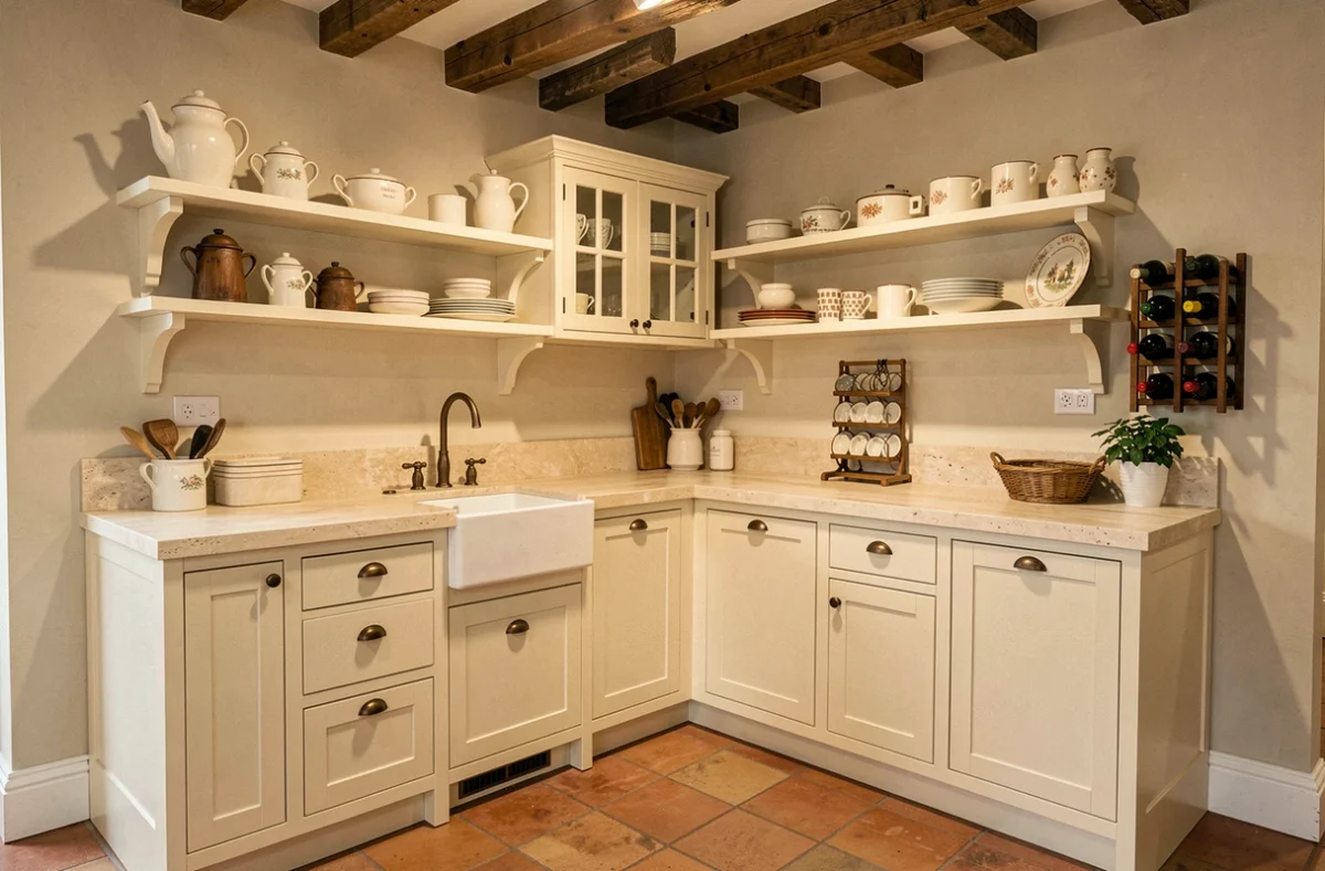 Cuisine campagnarde française blanche avec plan de travail en calcaire et poignées bronze exposée chez Arthur Bonnet dans la Vienne