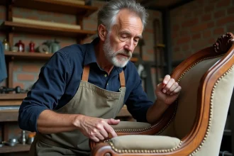 Artisan tapissier examinant le bois d'origine d'un fauteuil Voltaire dans un atelier de restauration traditionnel