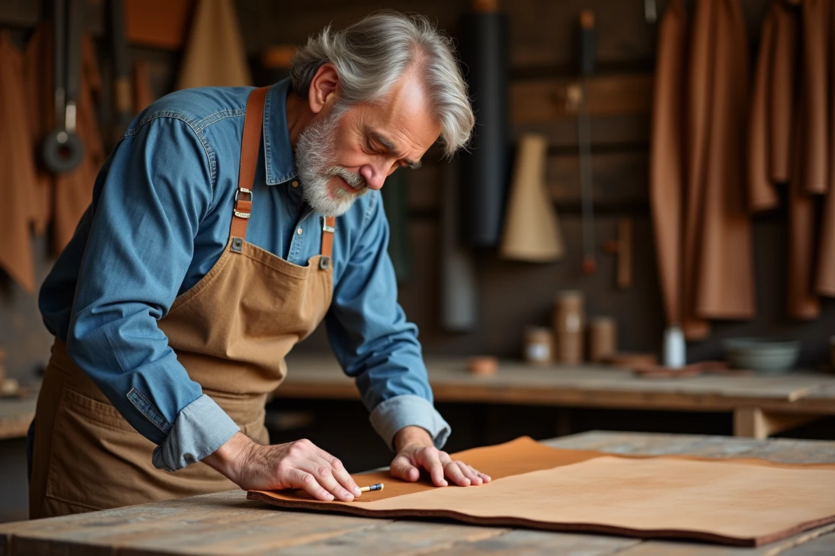Artisan cuir en atelier appliquant un traitement sur une peau de cuir aniline pleine fleur, illustrant le soin nécessaire à l'entretien de ce matériau