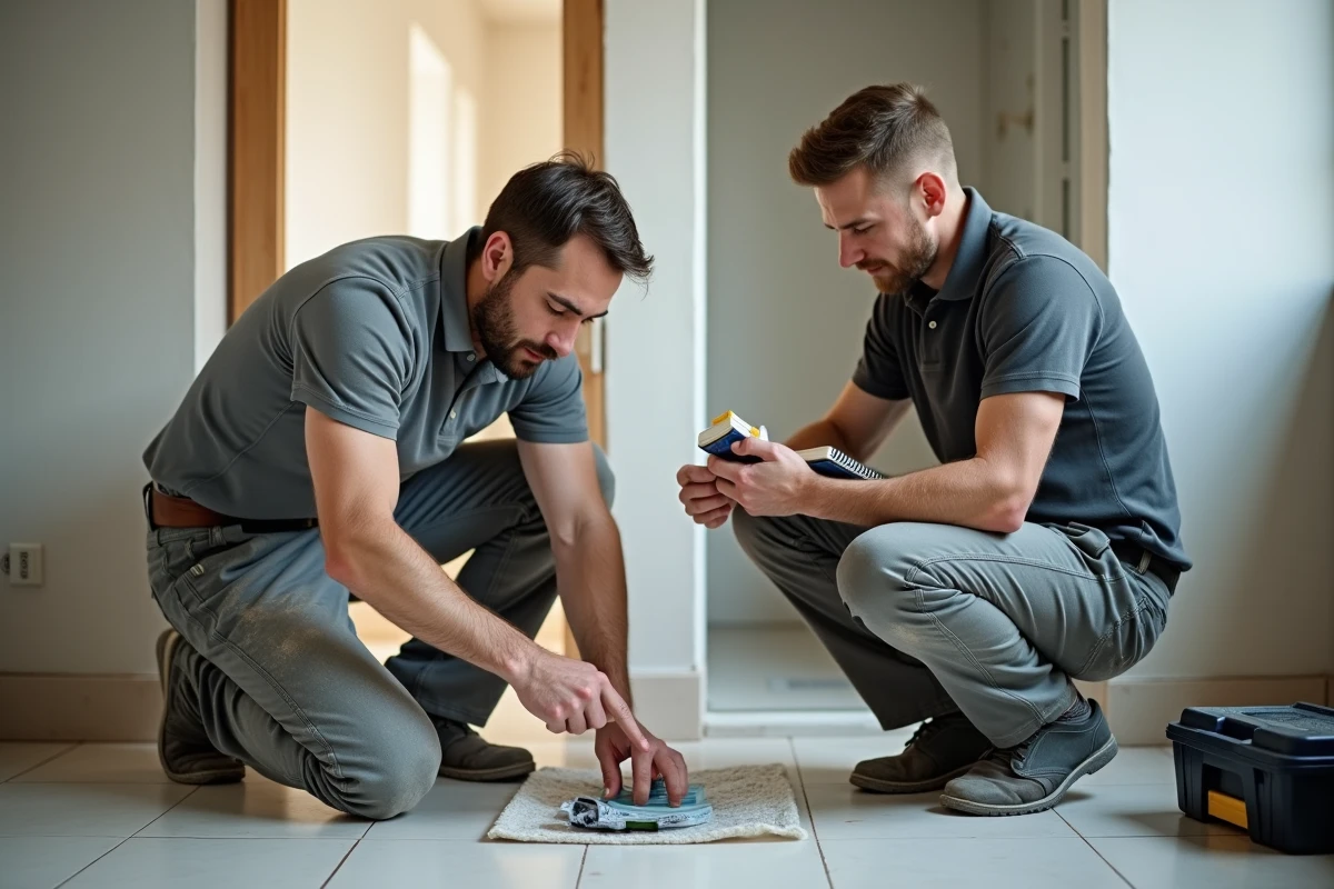 Deux artisans plombiers inspectant une installation de plomberie dans une salle de bain en cours de rénovation