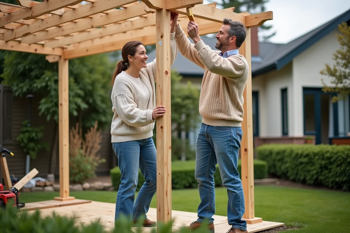 Un couple assemble une pergola en bois dans leur jardin