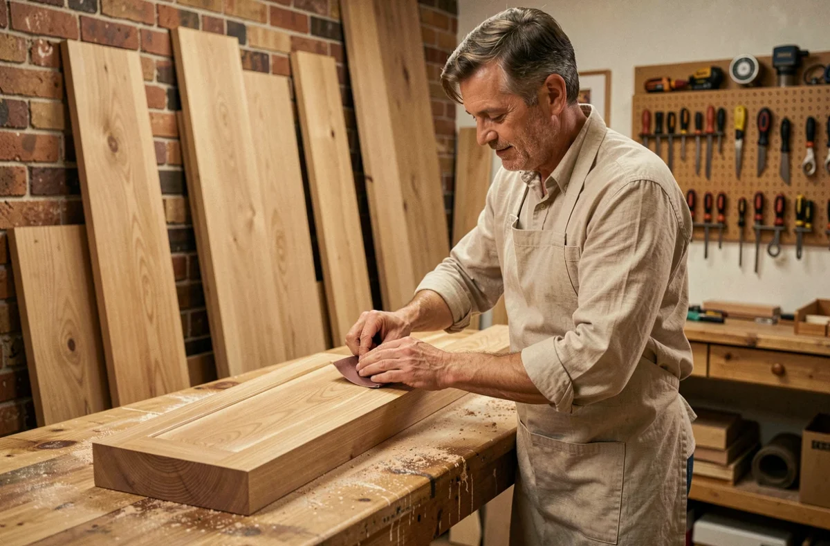 Artisan menuisier de l'Atelier La Boiserie ponçant un meuble de cuisine en bois sur mesure dans un atelier traditionnel