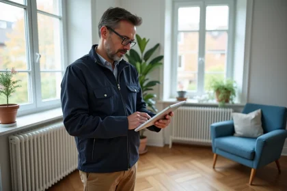 Auditeur energie homme examine radiateur dans salon lumineux
