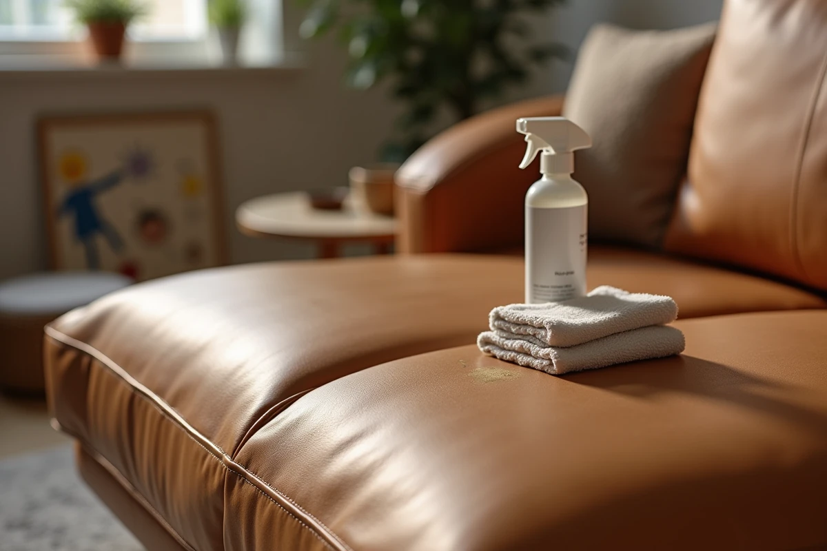 Gros plan sur une auréole sur un canapé en cuir beige avec un spray nettoyant et un chiffon blanc pour éliminer les taches et les odeurs
