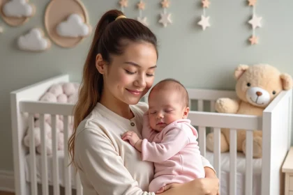 B&eacute;b&eacute; fille endormie dans un berceau rose pastel