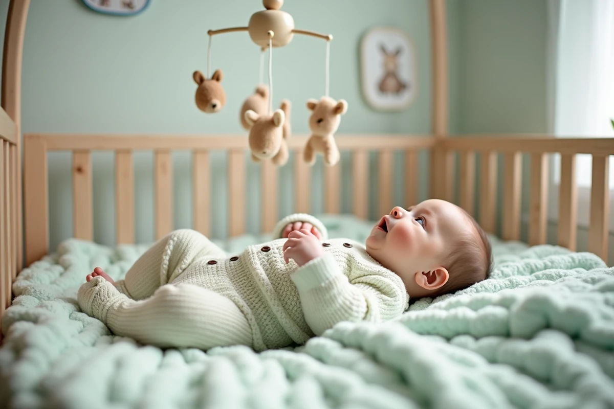 B&eacute;b&eacute; gar&ccedil;on dans un lit en bois avec mobile pastel
