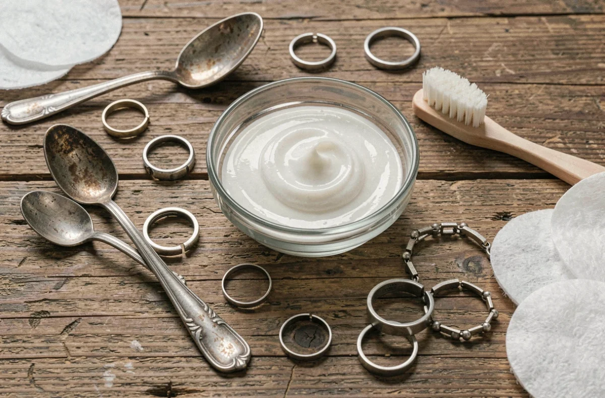 Bijoux en argent ternis disposés autour d'un bol de pâte nettoyante sur une table en bois avec brosse et cotons
