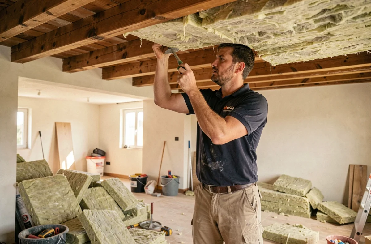 Technicien de BS Iso installant des rouleaux de laine minérale dans le plafond d'une maison en rénovation dans le sud de la France