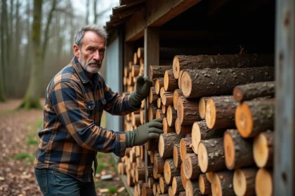 Bûcheron rangeant des stères de bois de chauffage en chêne fendu contre un abri en bois à la campagne