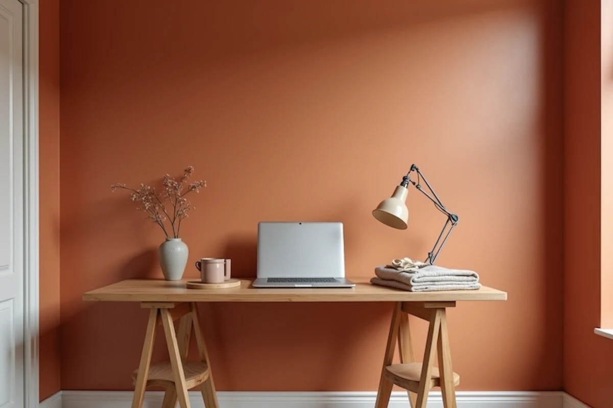 Bureau à domicile avec mur peint en terracotta tendance 2026 pour favoriser la concentration et le bien-être au travail