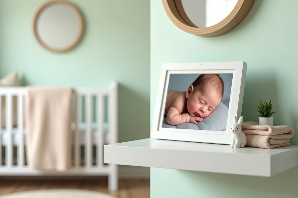 Cadre photo numérique posé sur une étagère dans une chambre de bébé décorée en tons pastel