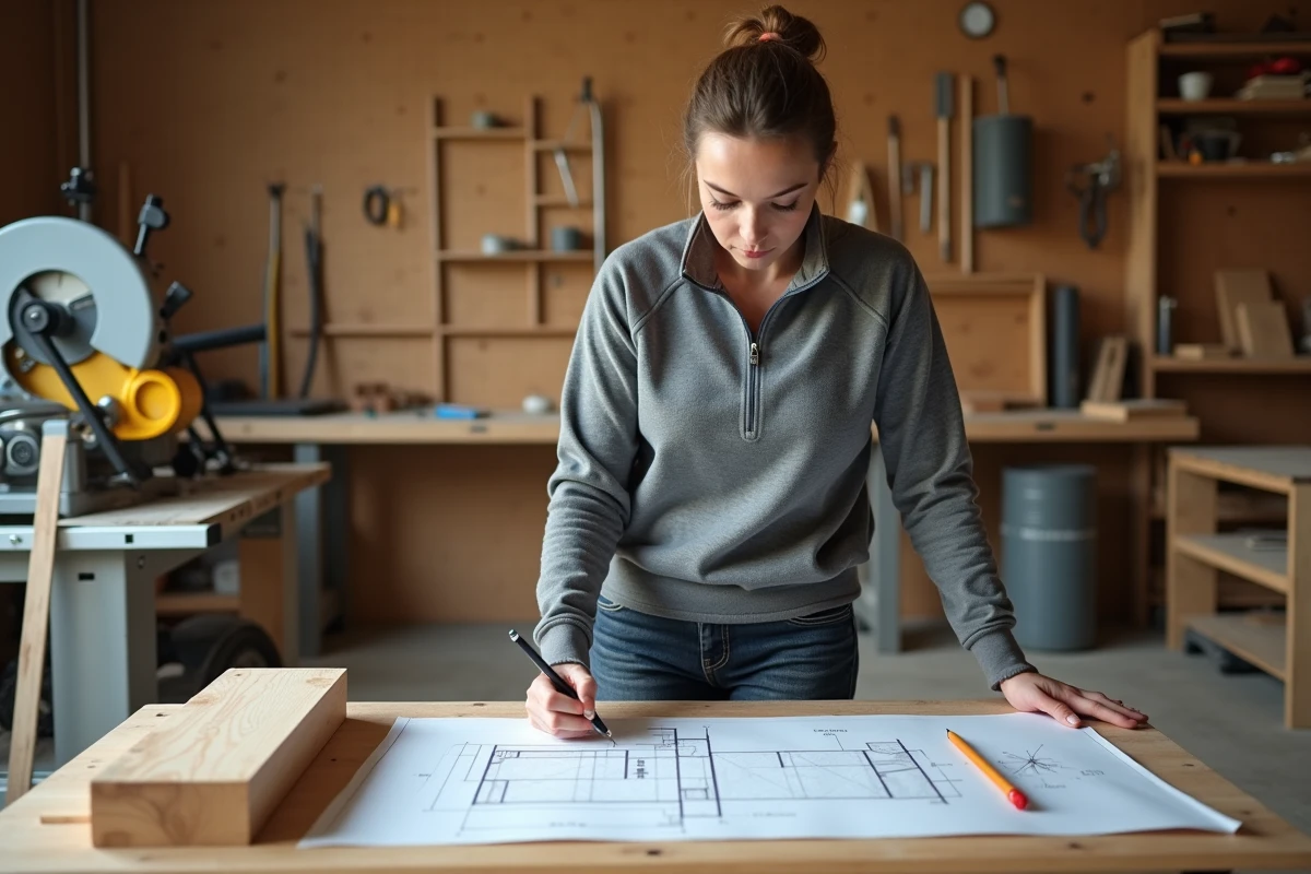 Femme architecte ou charpentière calculant les sections de lambourdes et solives sur un plan quadrillé dans un atelier de menuiserie