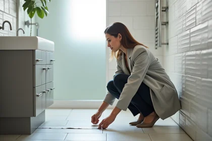 Designer mesurant la surface d'une salle de bain avec un mètre ruban pour calculer les dimensions idéales