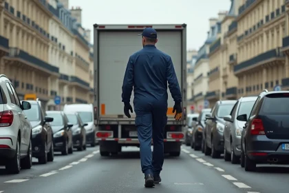 Camion de déménagement coincé dans les embouteillages sur un boulevard parisien haussmannien