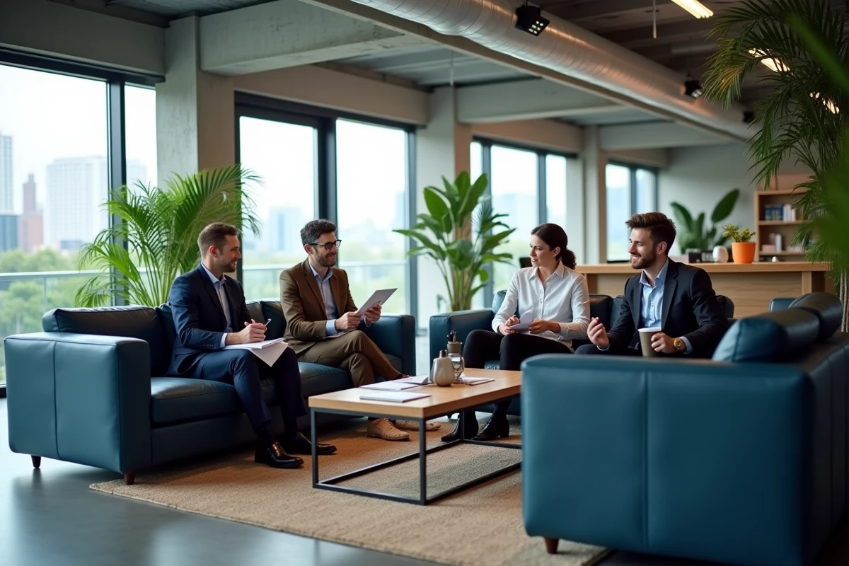 Canapés en cuir aniline bleu ardoise dans un espace lounge de bureau moderne, illustrant le confort et le rendu esthétique de ce matériau en usage professionnel