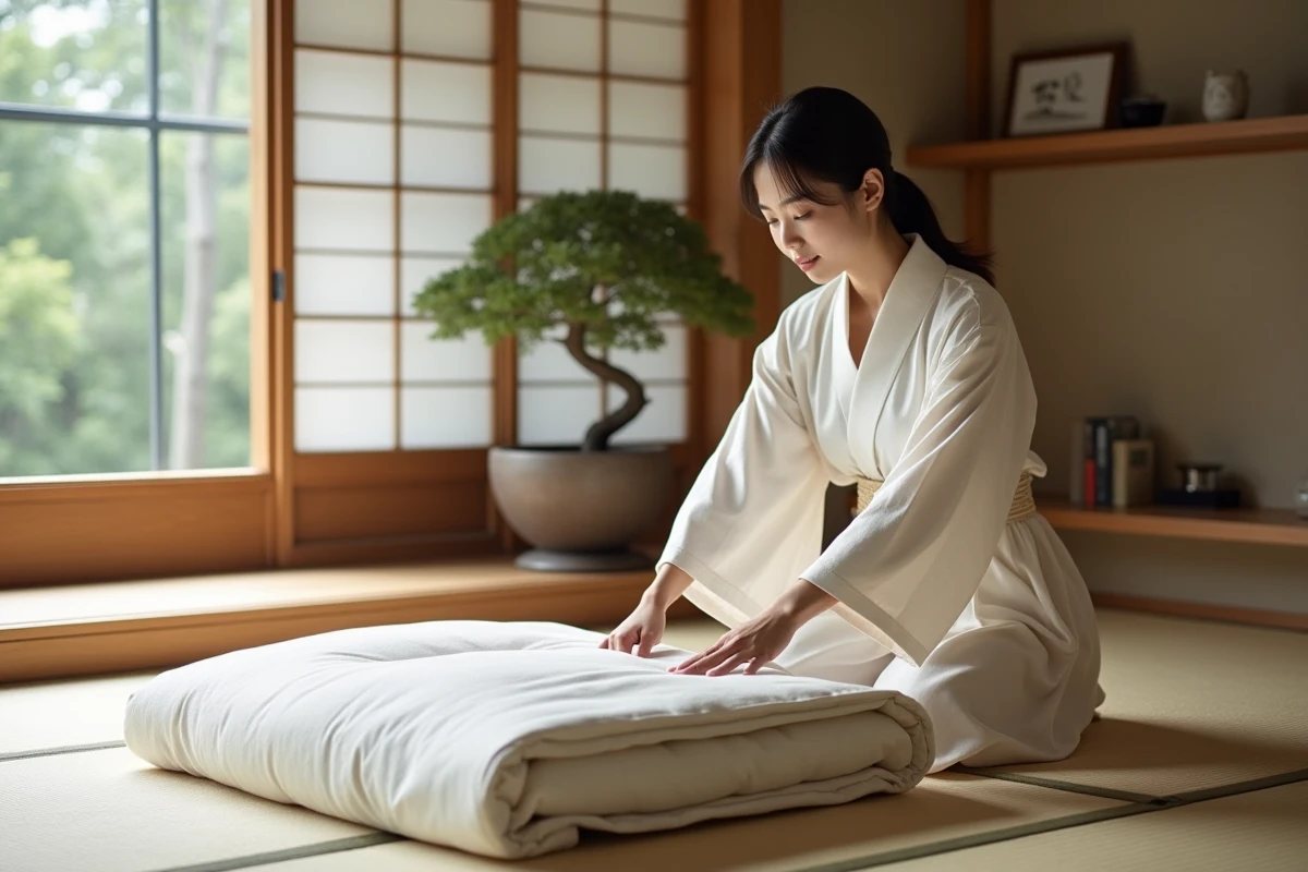 Femme en kimono arrangeant un futon dans une chambre japonaise