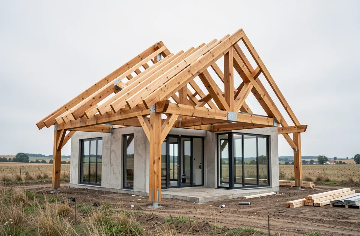 Charpente en bois lamellé-collé d'une maison contemporaine en cours de construction dans un paysage rural français
