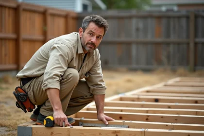 Charpentier mesurant l'entraxe entre deux solives de terrasse en bois traité lors de la construction d'une structure de plancher extérieur