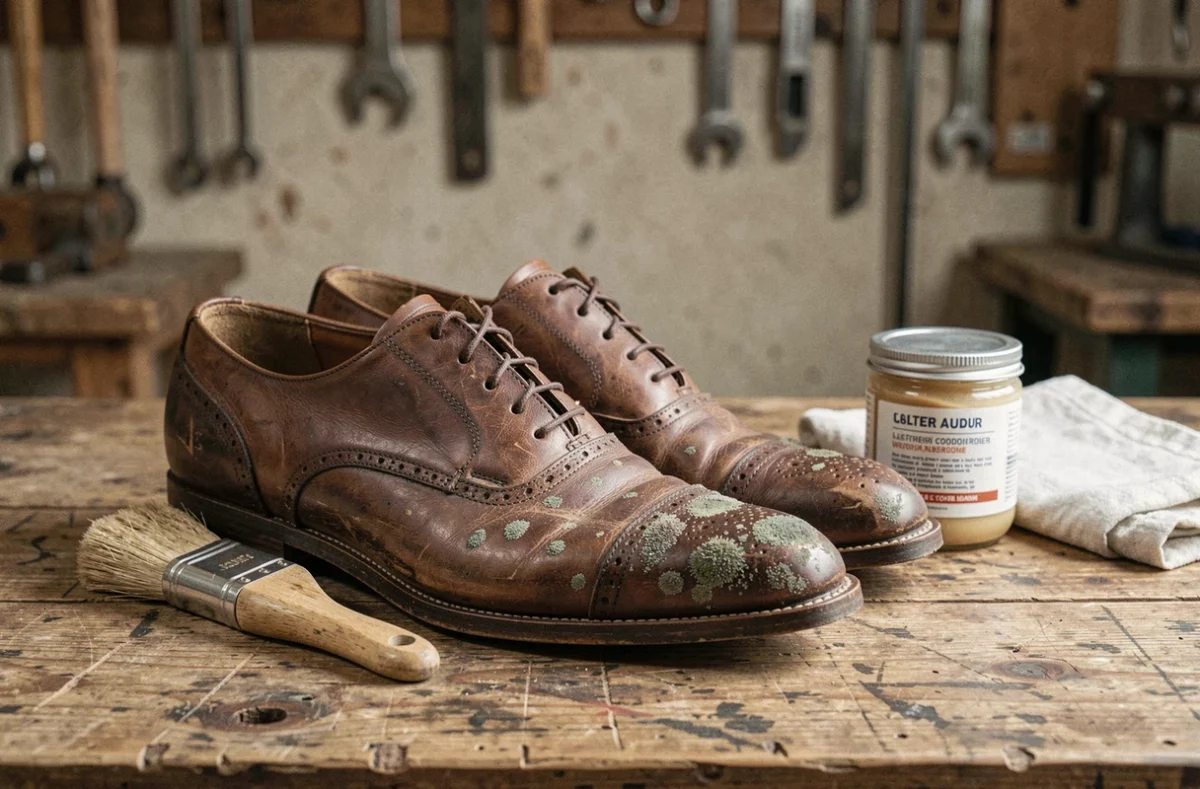 Chaussures en cuir marron posées sur un établi avec des taches de moisissures vertes et grises et des produits de nettoyage