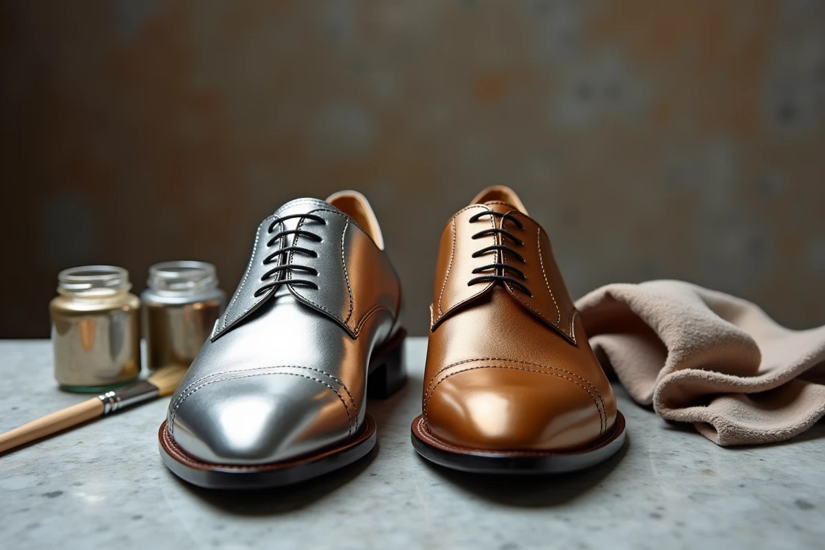 Chaussures Oxford en cuir transformées avec une peinture argentée métallisée sur marbre