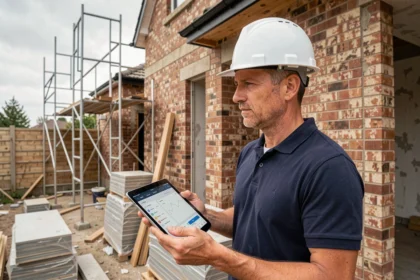 Chef de chantier utilisant une application de suivi de rénovation sur tablette devant une maison en travaux