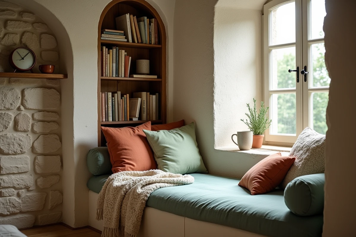 Coin lecture cosy dans un chalet rustique avec banquette en lin, coussins terracotta et mur en pierre blanchie, atmosphère apaisante