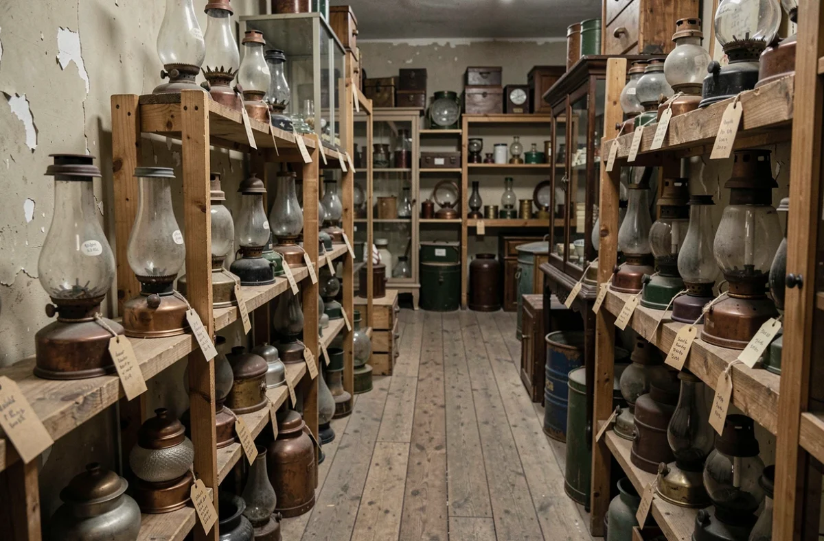 Collection de lampes à pétrole anciennes avec étiquettes de prix dans une boutique d'antiquités