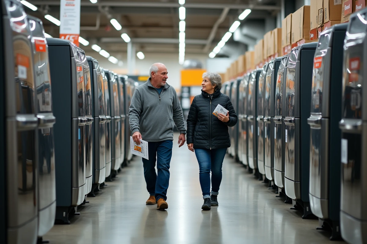 Couple comparant des modèles d'accumulateurs électriques dans un magasin de bricolage