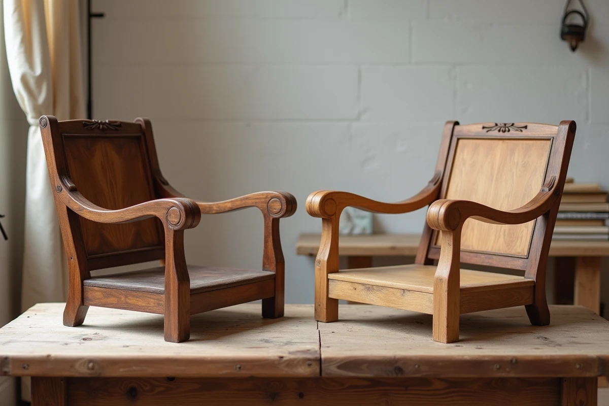 Comparaison entre bois d'origine patiné et bois de remplacement neuf sur un cadre de fauteuil Voltaire