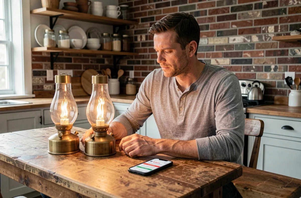 Homme comparant le prix de deux lampes à pétrole vintage sur une table en bois avec smartphone