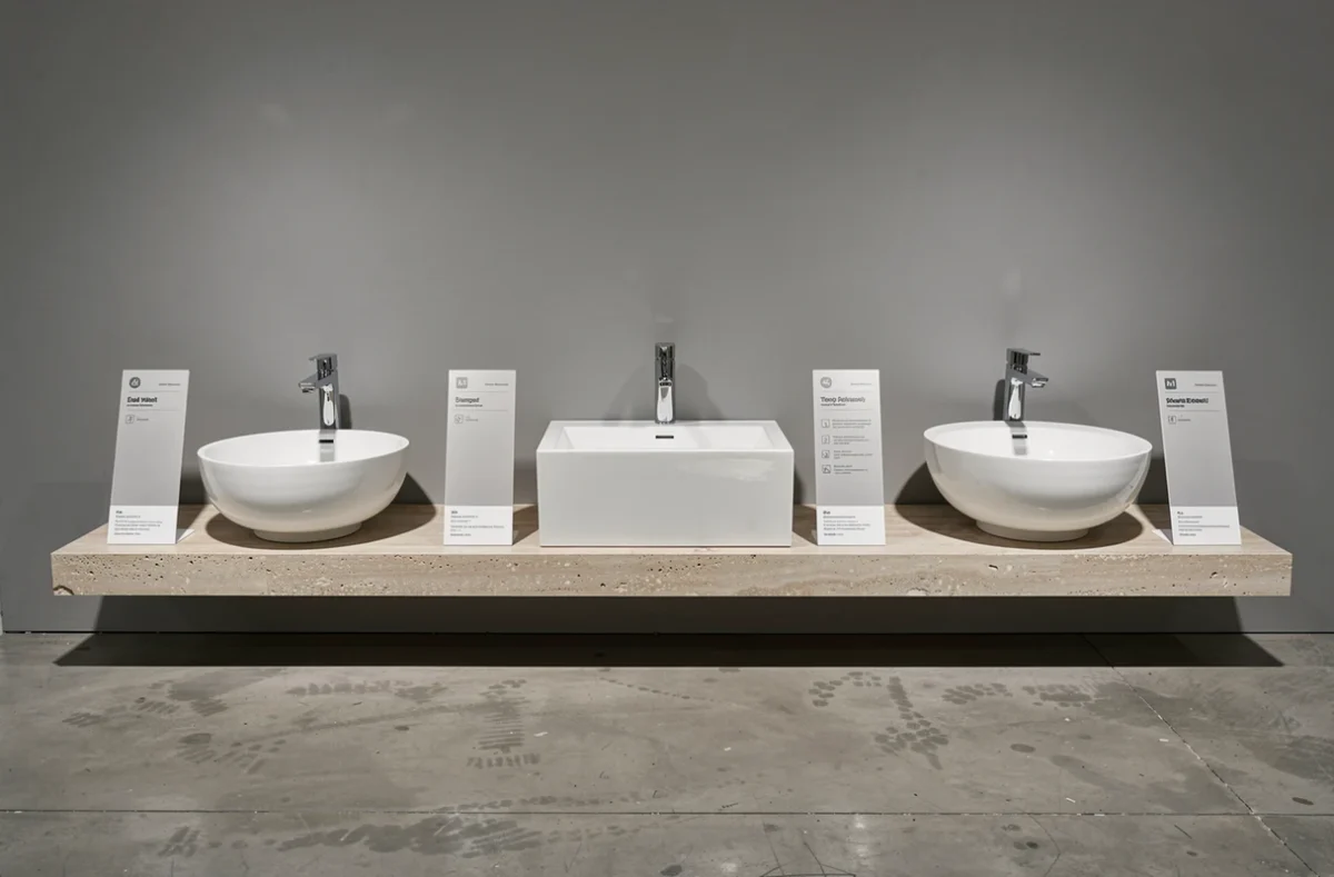 Présentoir de showroom salle de bain avec trois modèles de vasques à différentes hauteurs, comparaison des dimensions et profondeurs pour aider au choix