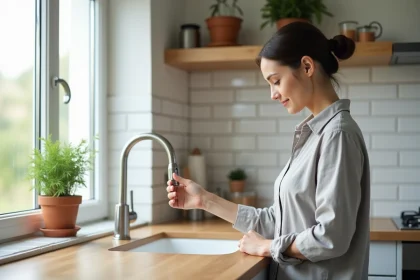 Femme réduisant sa consommation d'eau au robinet de cuisine pour économiser l'eau au quotidien