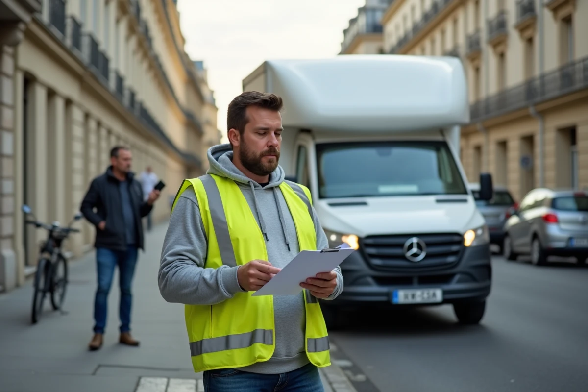 Coordinateur de déménagement consultant un permis de stationnement dans un quartier résidentiel parisien