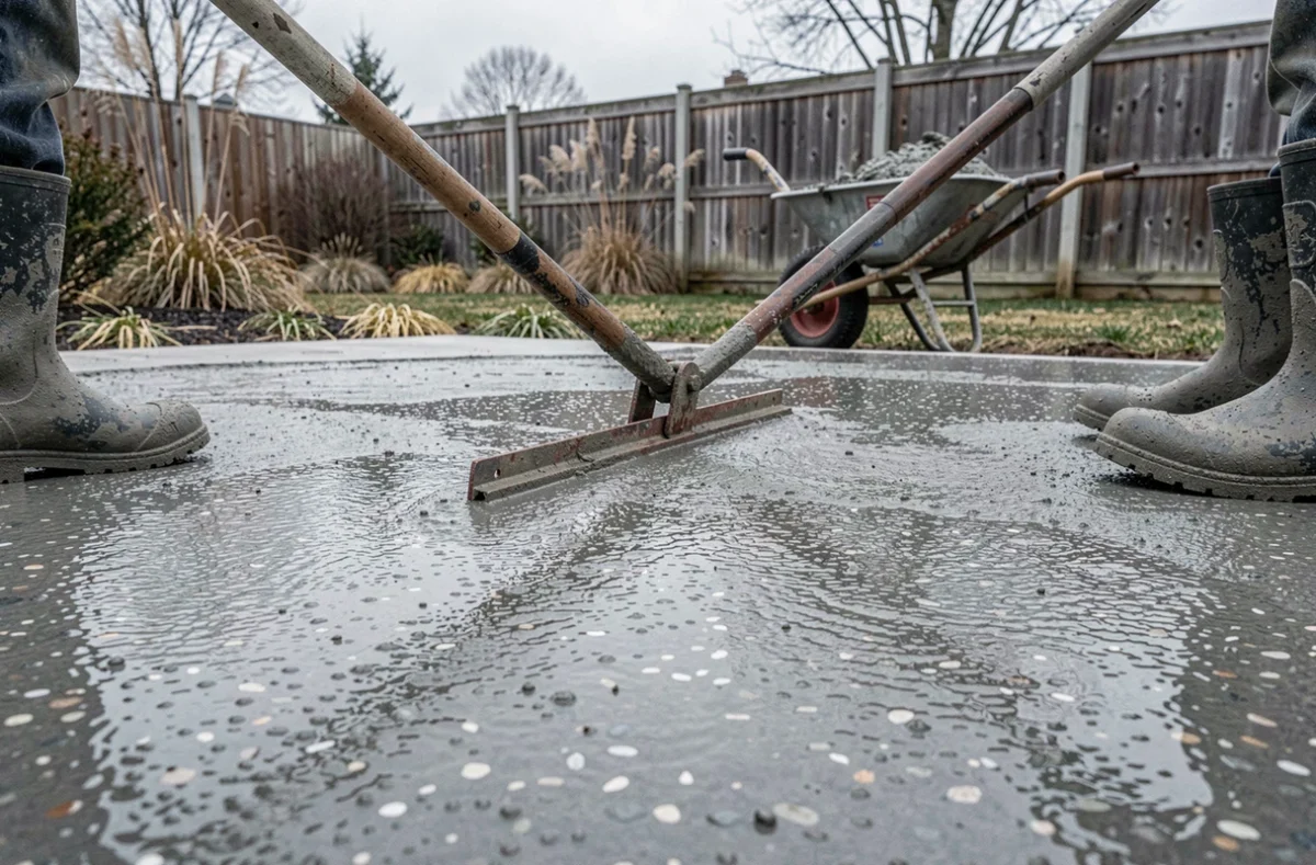 Coulage et arasage d'une dalle en béton dosé pour résister au gel sur une terrasse extérieure en hiver