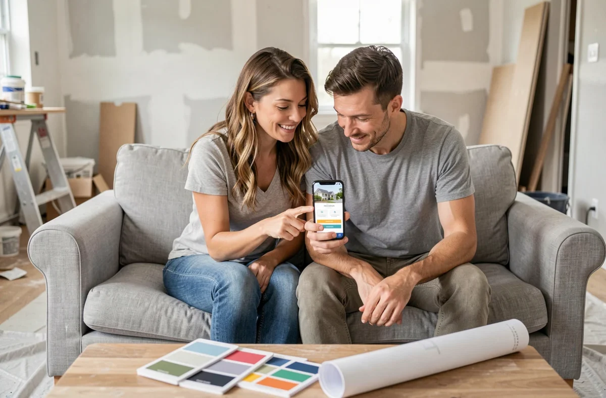Couple consultant un comparateur de prix de travaux sur smartphone dans leur salon en rénovation pour économiser sur leur budget