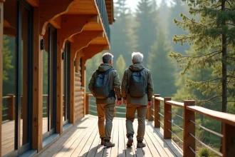 Couple devant un chalet en bois dans la forêt