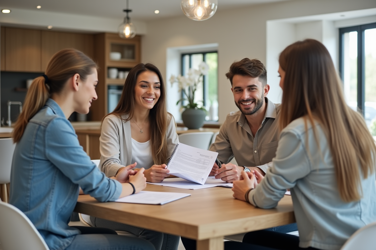 Jeune couple discutant de paiement dans une cuisine moderne