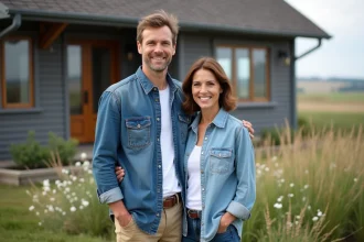 Couple souriant devant ferme moderne entourée de fleurs sauvages