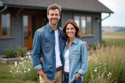 Couple souriant devant ferme moderne entourée de fleurs sauvages