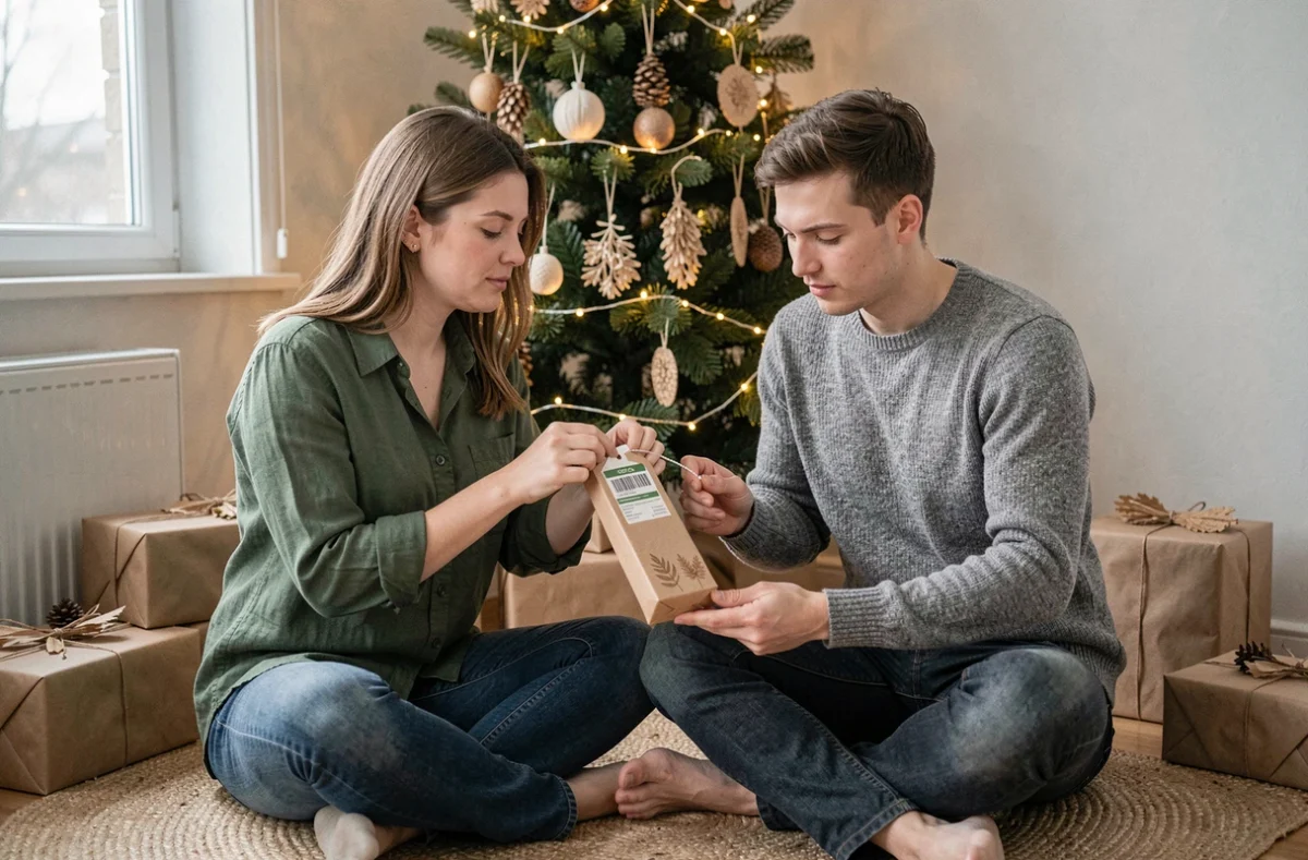 Couple consultant l'étiquette d'une guirlande LED solaire éco-responsable devant un sapin de Noël minimaliste