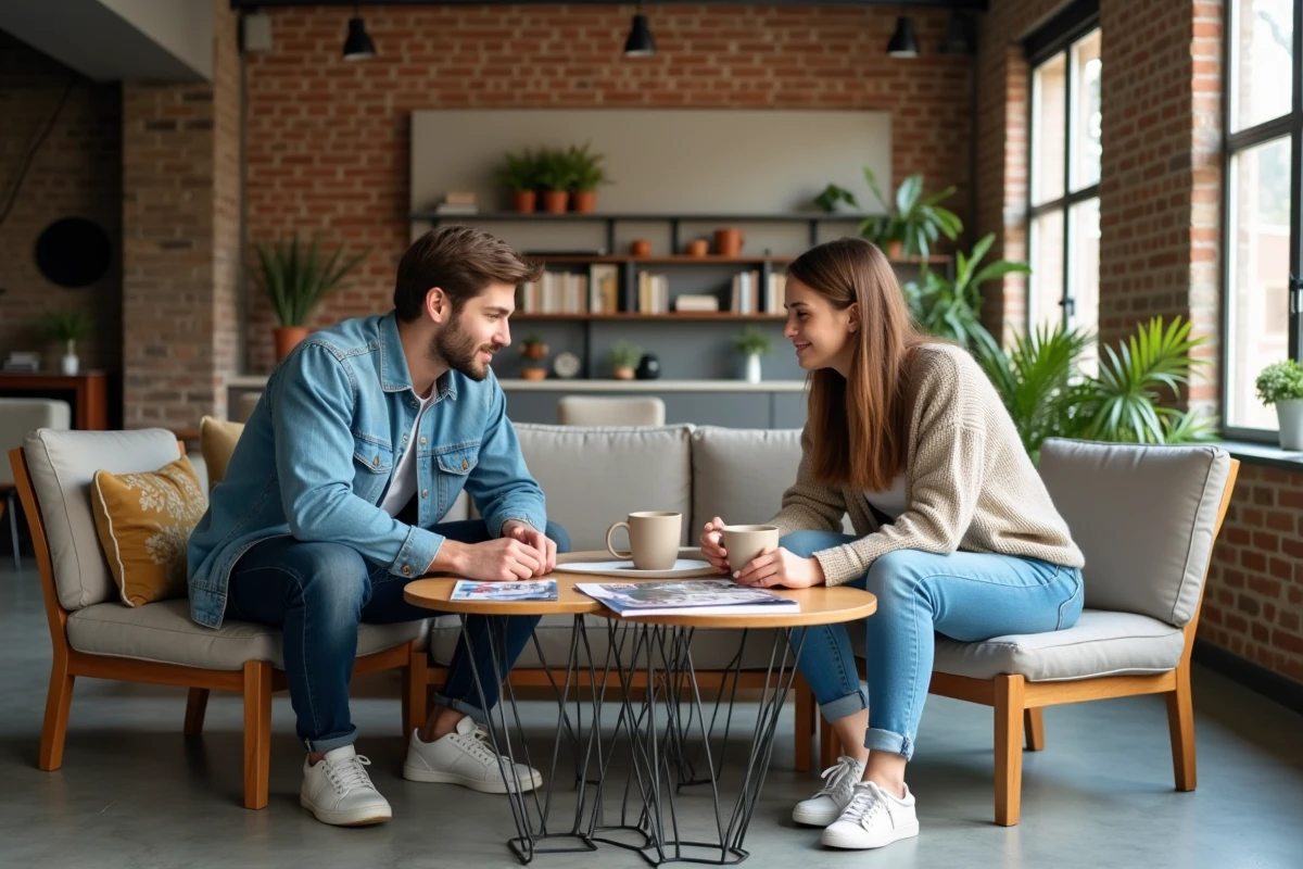 Jeune couple dans un loft urbain avec tables et plantes