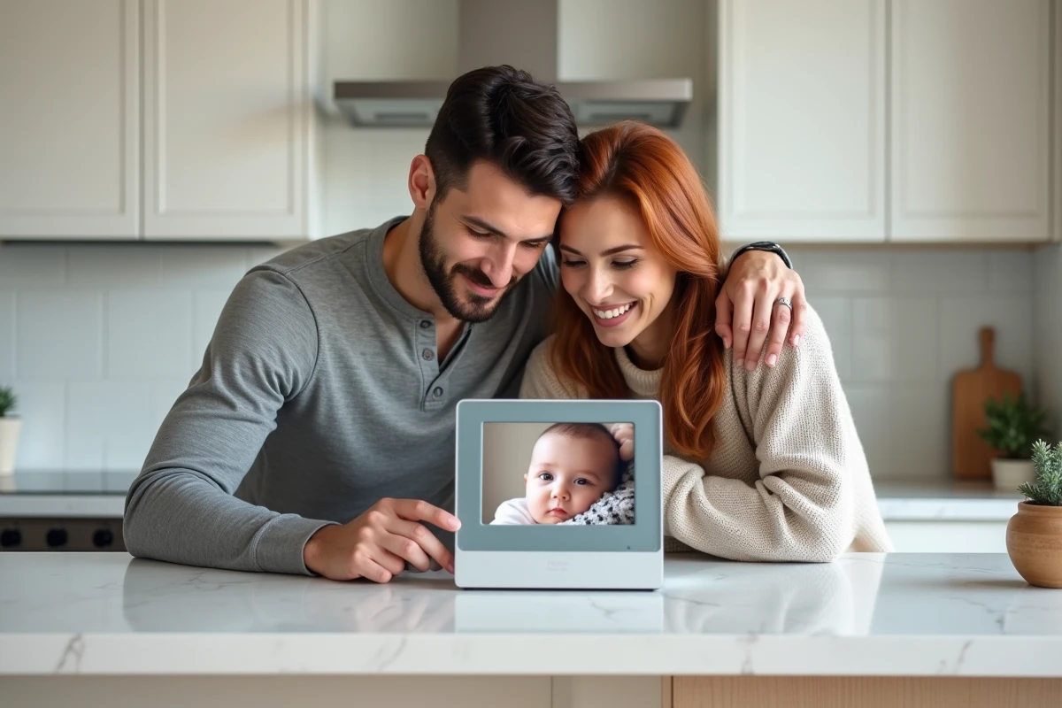 Couple de jeunes parents découvrant ensemble un cadre photo numérique dans une cuisine moderne