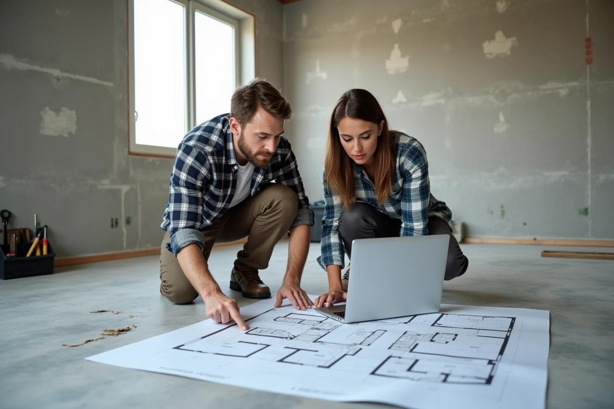 Couple planifiant des travaux de rénovation ensemble sur un plan imprimé au sol avec ordinateur portable