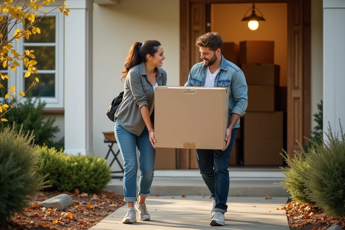 Couple portant ensemble un grand carton solide lors d'un déménagement en maison